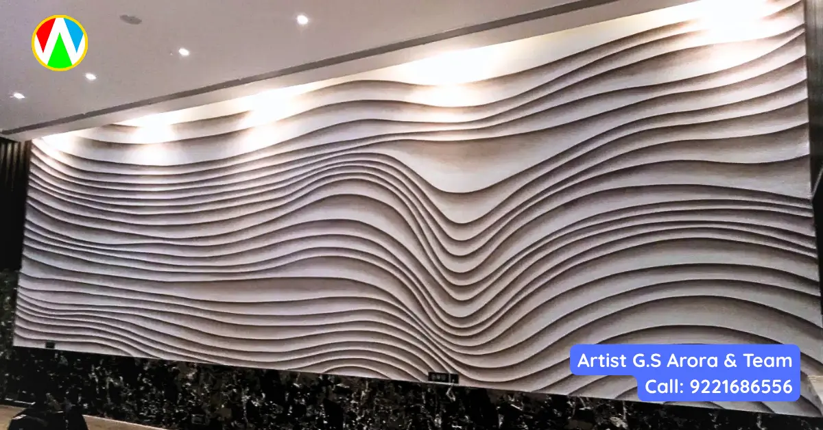Completed premium 3D wave texture wall art illuminated by ceiling spotlights in a luxury commercial interior