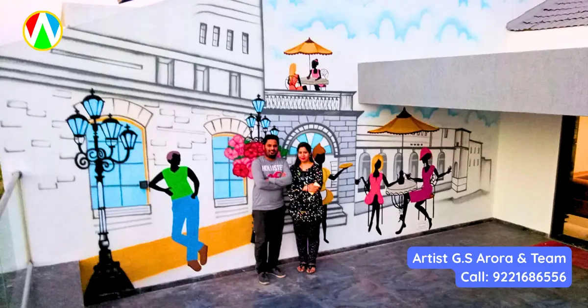 Artist G.S. Arora and client posing in front of a completed premium European cafe poolside mural