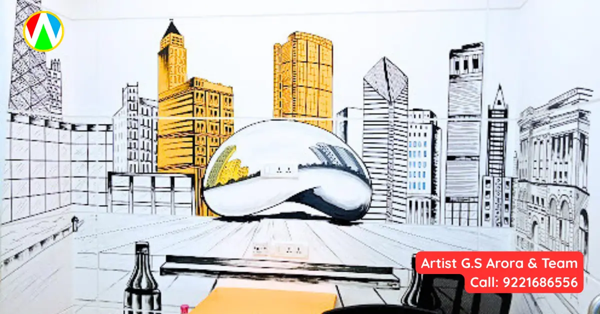 Completed Chicago Bean line art wall painting in a corporate office cabin