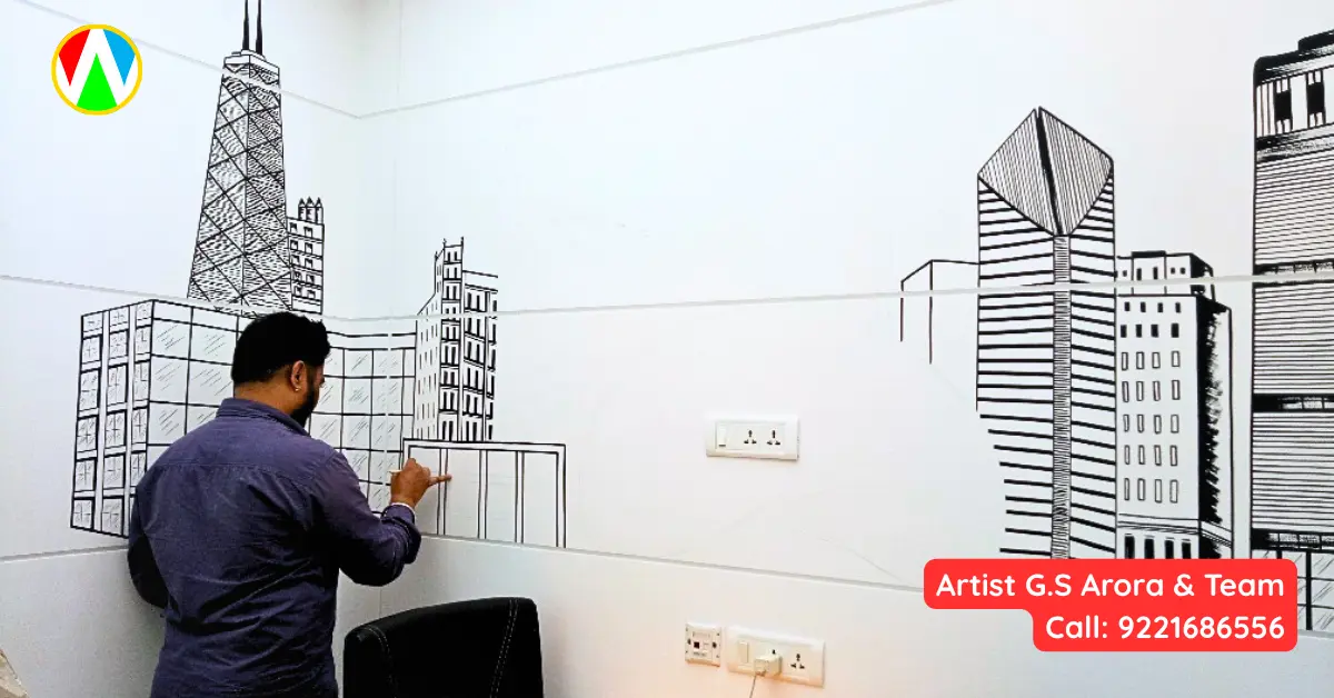Artist G.S. Arora hand-painting an incredible line art wall painting in an office cabin