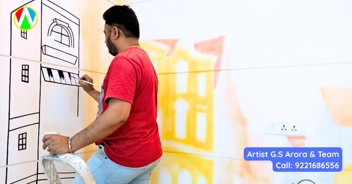 Artist G.S. Arora painting black line art for a European street office mural in a corporate interior