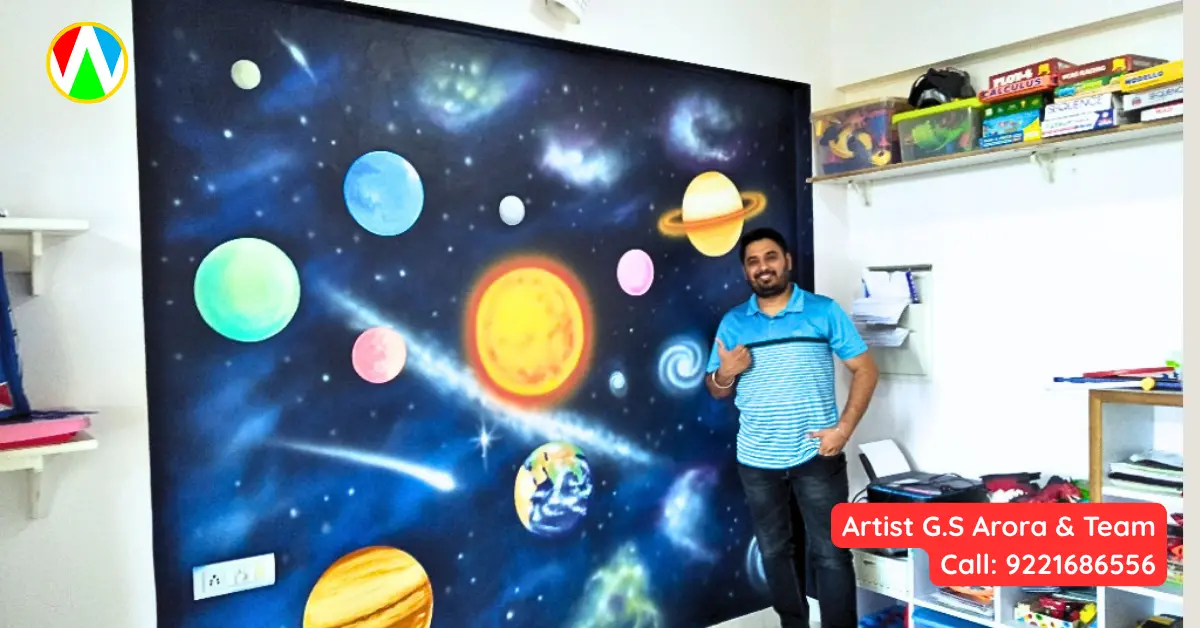 Incredible space theme wall painting by Artist G.S. Arora featuring glowing planets