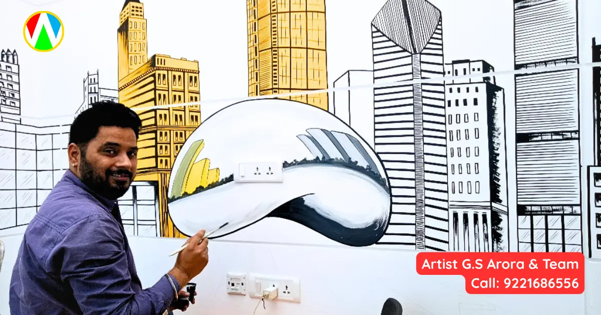 Artist G.S. Arora line art wall painting expert working on a mural