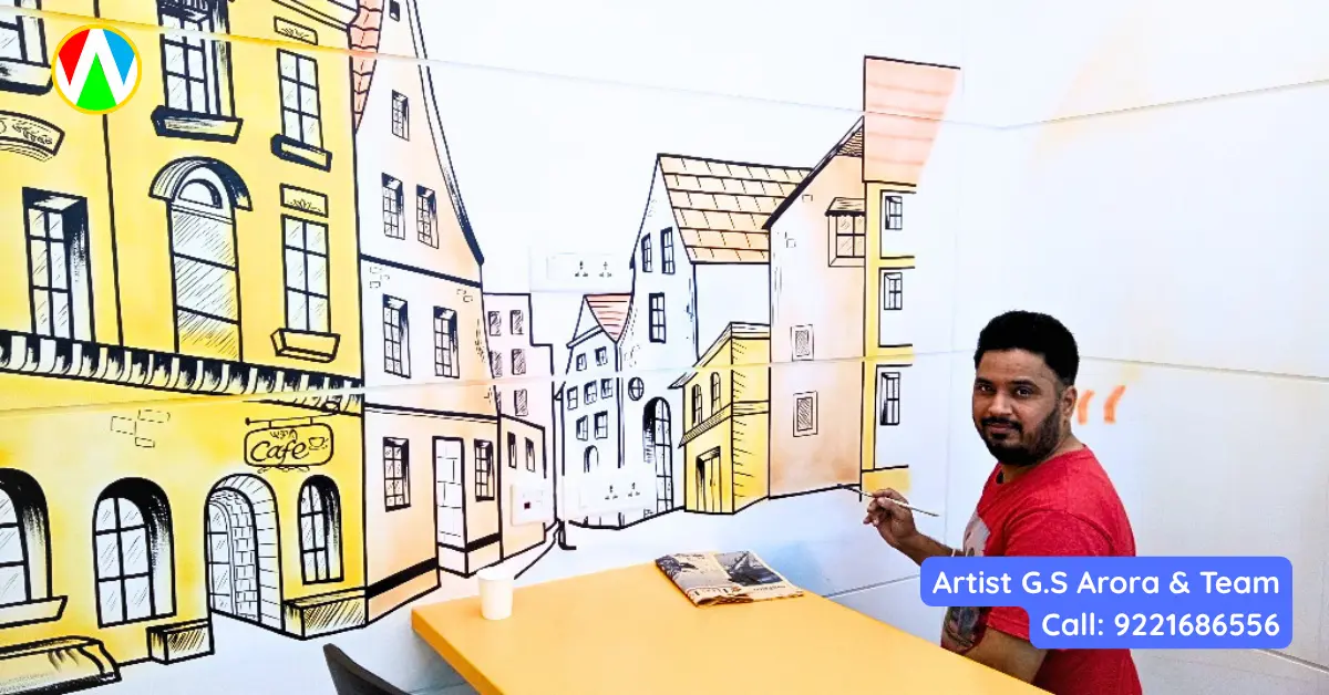 Artist detailing a custom Parisian cafe mural while sitting in a modern corporate office breakout zone