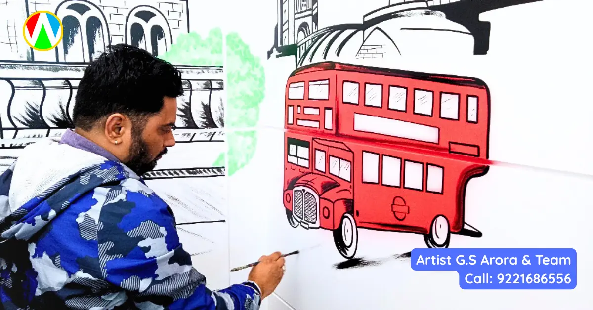 Mural artist applying vibrant red paint to a classic double-decker bus on a modern office wall mural
