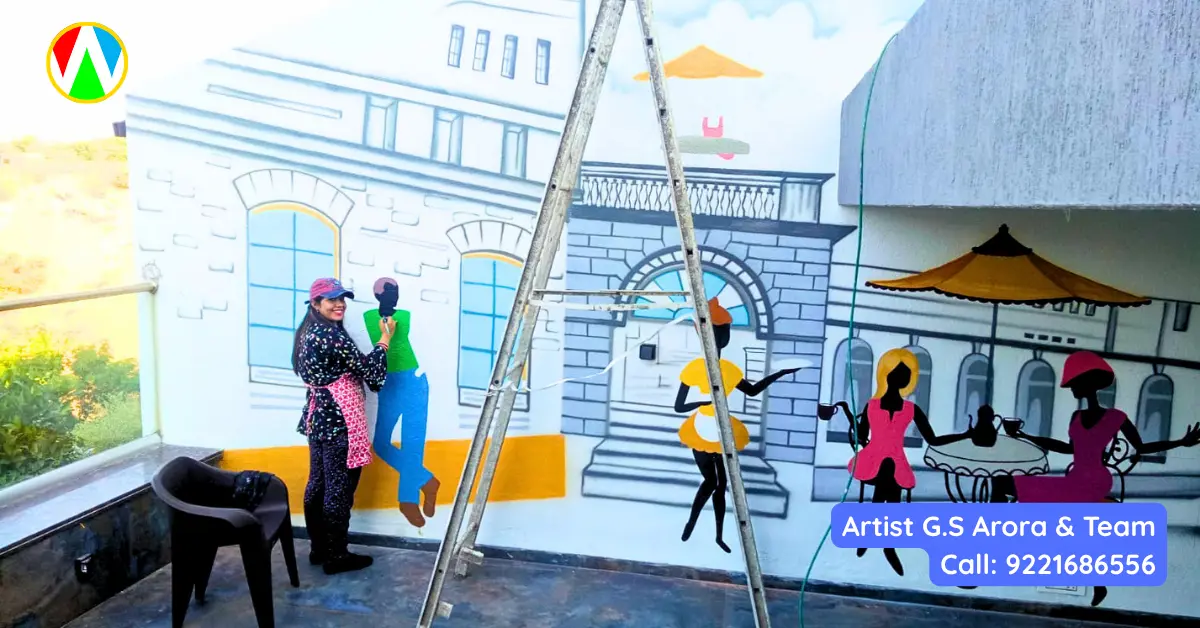 Artist hand-painting colorful silhouettes and a relaxing European street scene for an incredible European cafe poolside mural