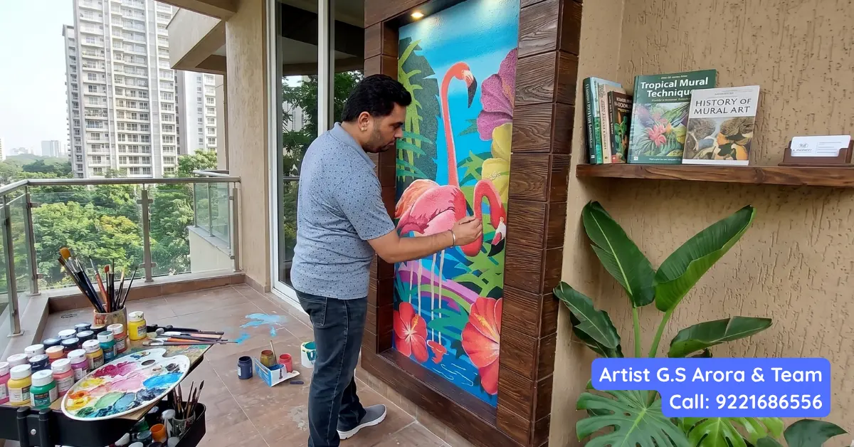 Close-up of mural artist meticulously hand-painting pink flamingos and tropical hibiscus flowers