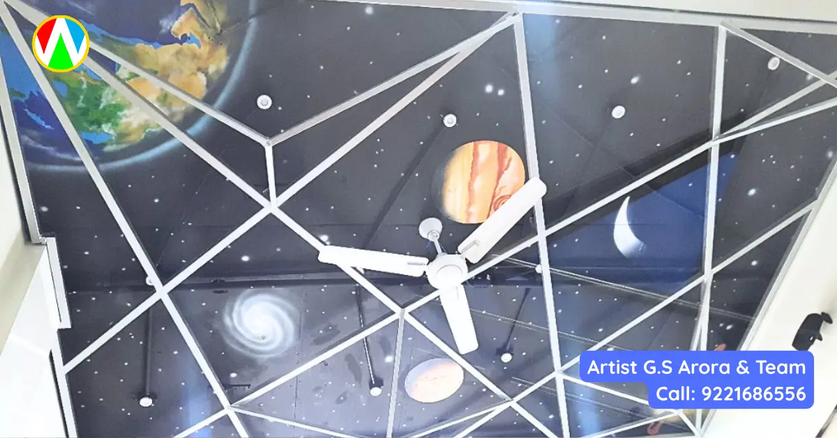 Completed 3D space and galaxy ceiling mural featuring glowing planets and stars inside a metallic architectural grid