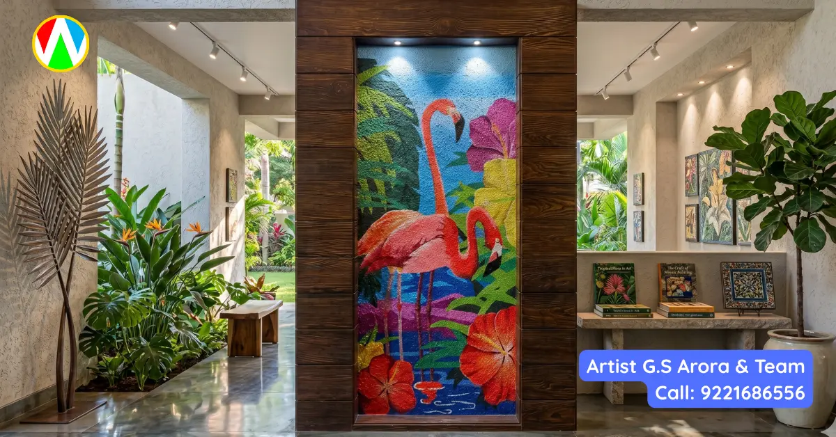 Completed tropical flamingo mural integrated into a luxury interior hallway with high-end decor and lighting