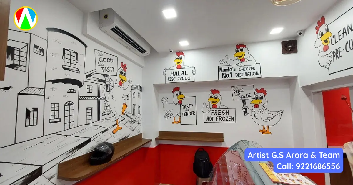 Franchise Branding Murals Custom black and white line art mural featuring a brand mascot for a premium Mumbai retail franchise
