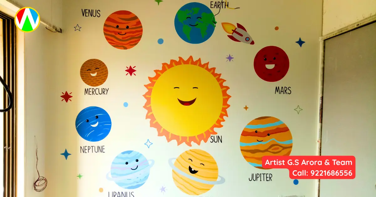 Full view of the cute solar system wall painting with names