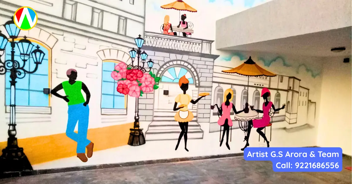 Detailed view of a European cafe poolside mural featuring a vintage street lamp, pink flowers, and silhouettes