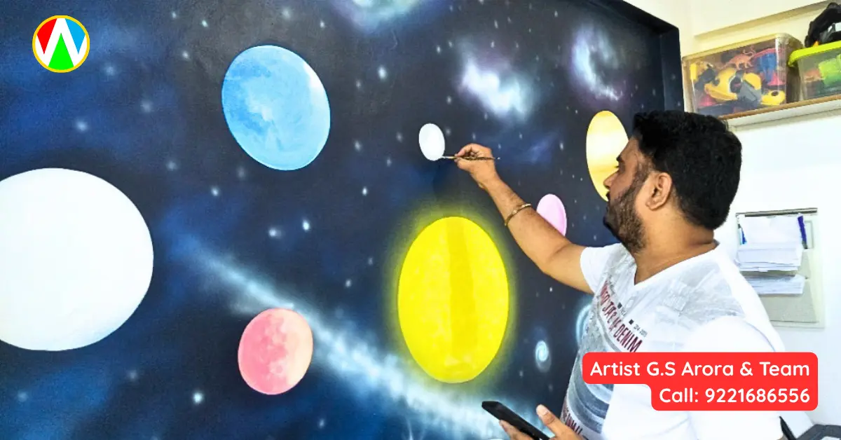Detailing planets with paintbrush on galaxy background