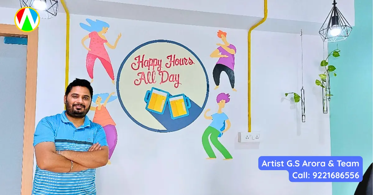 Mural artist standing next to a fun Happy Hours All Day wall painting in a corporate office breakroom