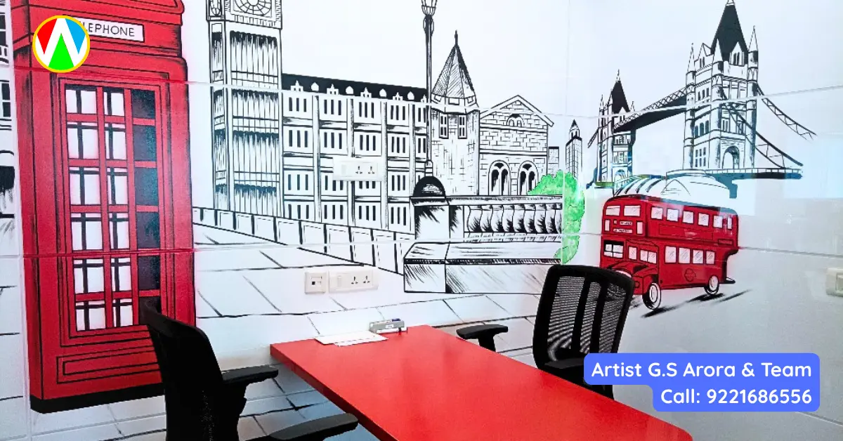 Completed custom London street wall mural featuring a red telephone booth in a premium corporate meeting room
