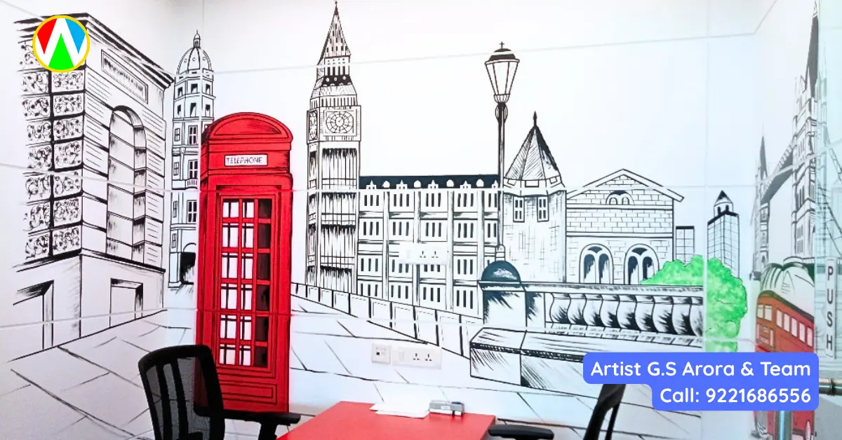 Wide view of a modern office meeting room upgraded with a hand-painted London cityscape and red double decker bus mural