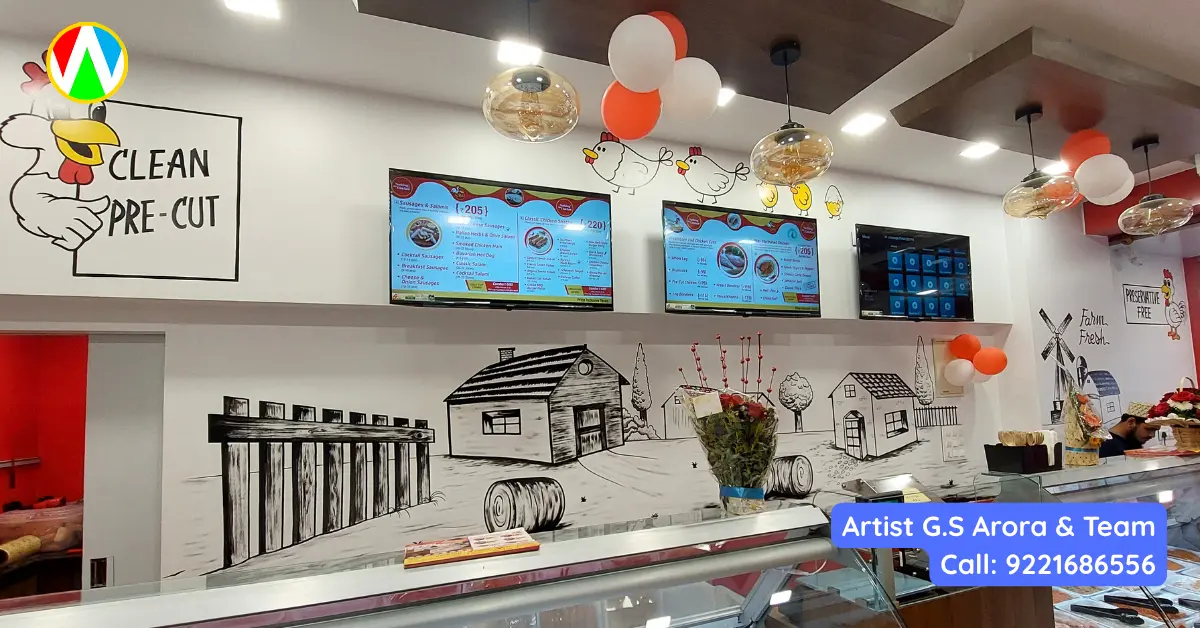 Hand-painted farm scene line art mural with a barn and windmill in a retail commercial interior