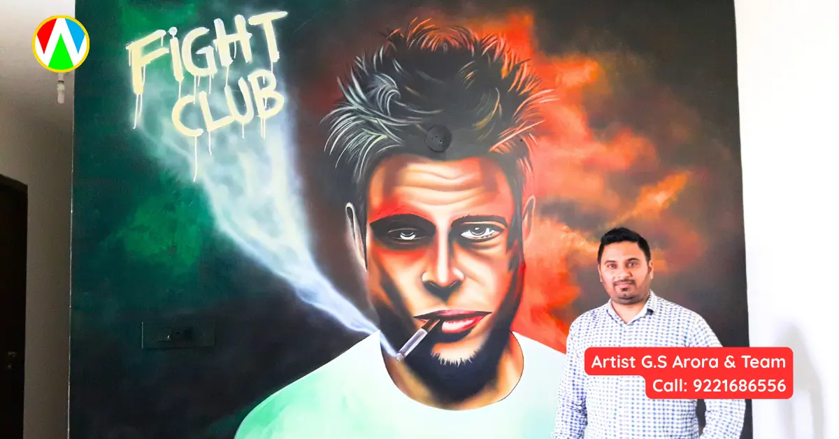 Artist detailing the eyes of Tyler Durden wall painting