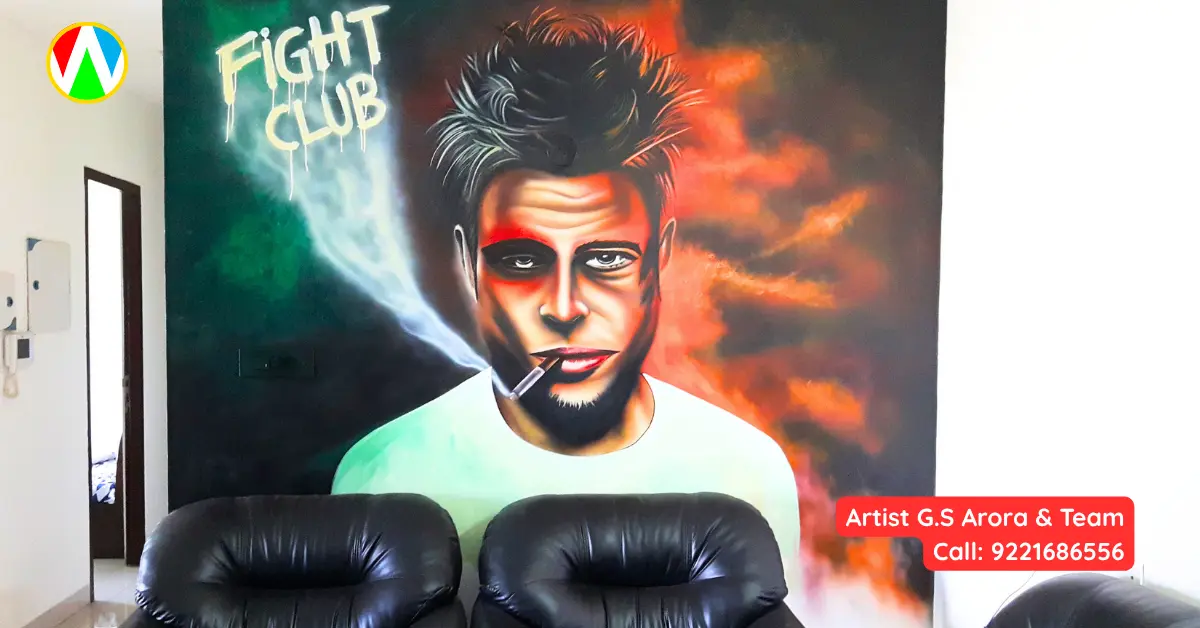 Custom Cinematic Portraits Fight Club wall painting with black leather sofas