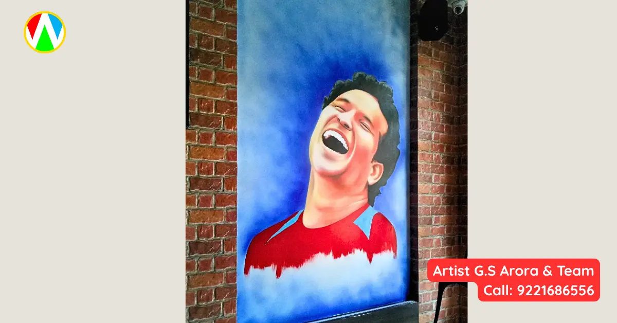 Completed Sachin Tendulkar wall painting in a brick wall setting