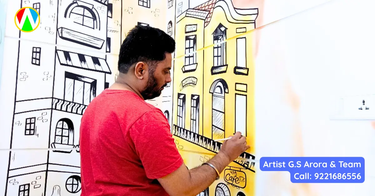 Mural artist applying warm yellow shading to a custom European building wall painting in an office