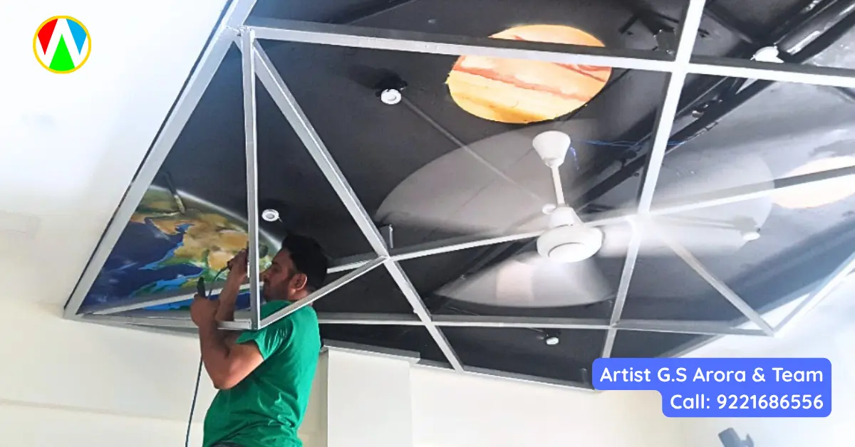 Mural artist carefully painting planetary details within a geometric metal frame on a luxury ceiling
