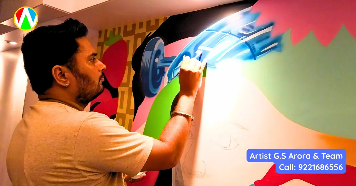 Mural artist using an airbrush tool to paint glowing details on a blue race car in a complex pop-art wall painting