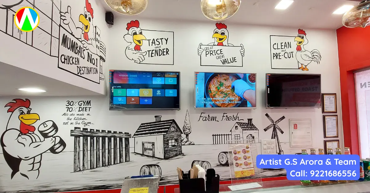 Muscular chicken mascot mural with typography reading 30 percent Gym 70 percent Diet in a retail store