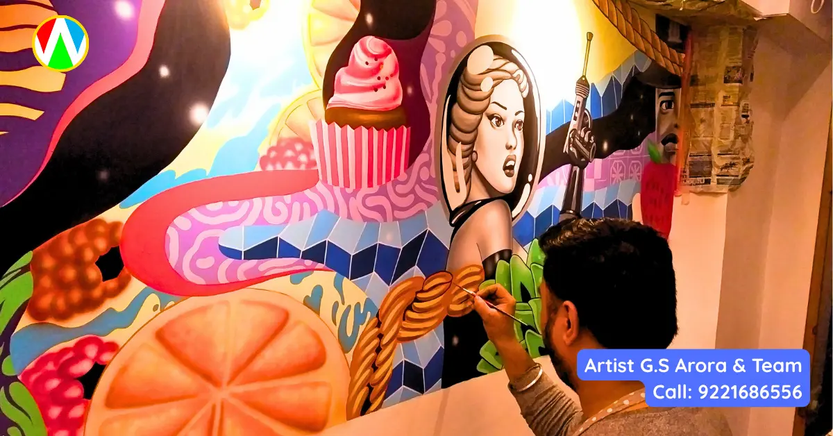 Professional artist detailing a golden rope and sliced orange in a vibrant restaurant pop art graffiti mural