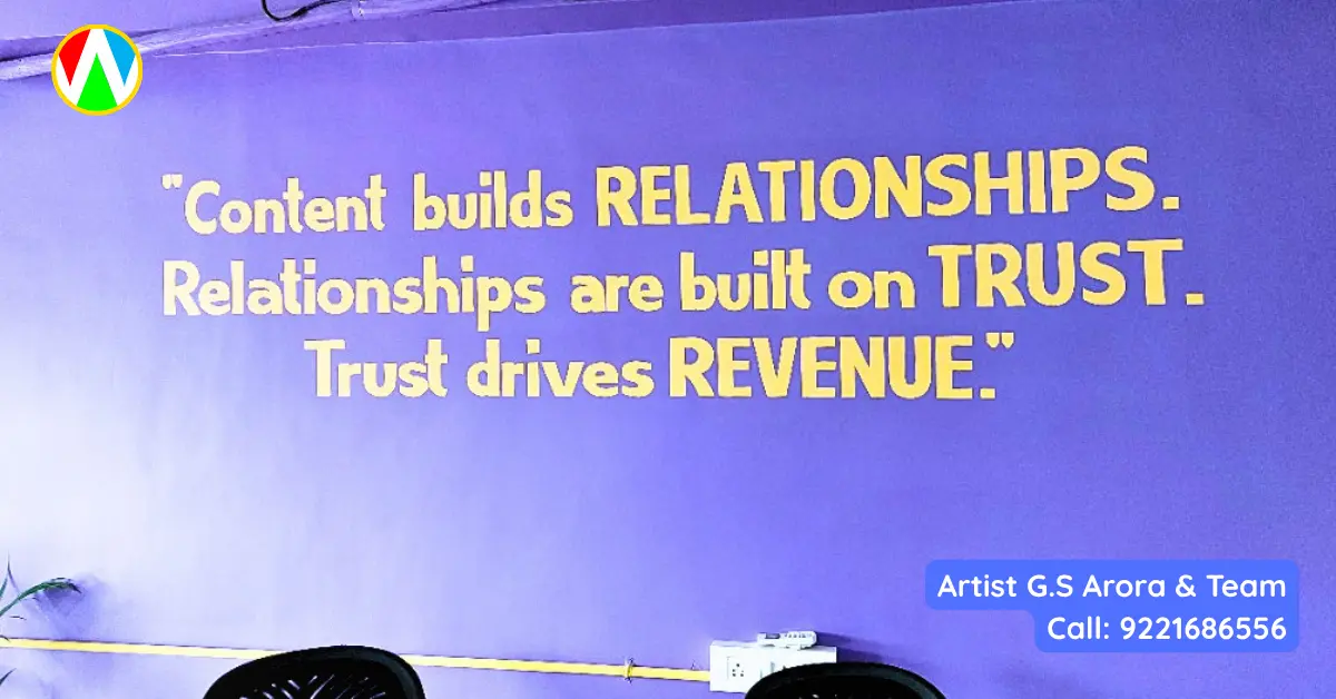 Custom yellow typography mural painted on a purple office wall displaying corporate core values and revenue goals