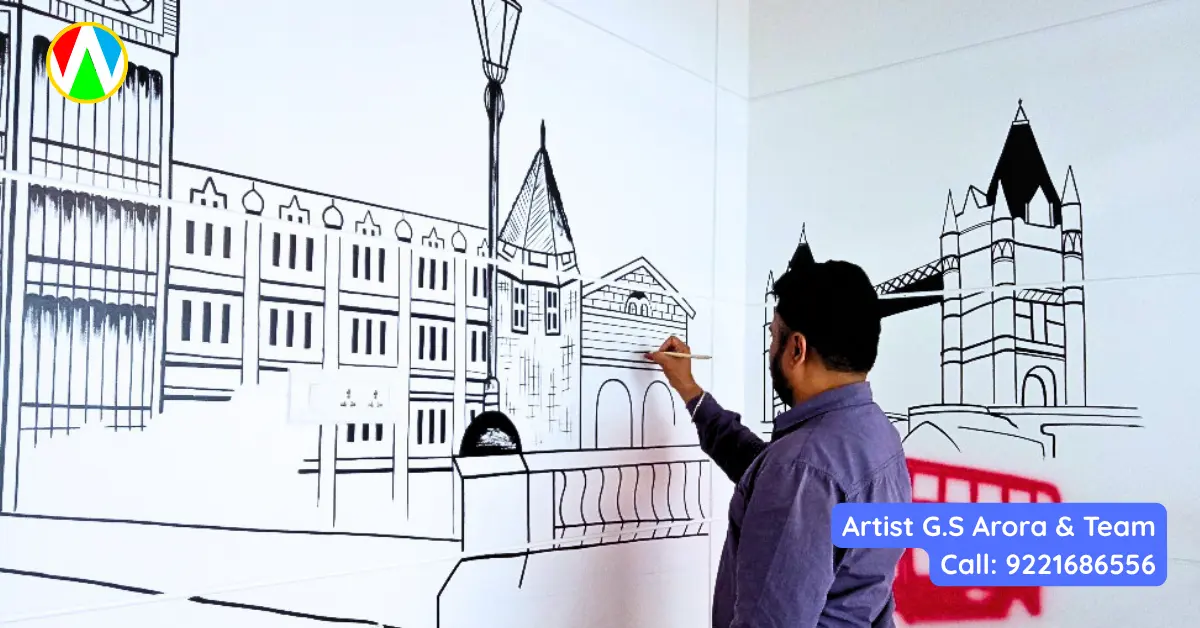 Artist G.S. Arora painting a highly detailed black and white London cityscape corporate office wall mural