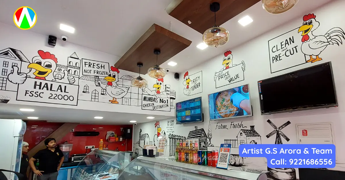 Wide angle view of a commercial retail shop interior featuring custom line art wall murals