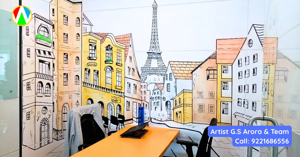 Wide view of a completed European street office mural featuring the Eiffel tower behind glass partitions