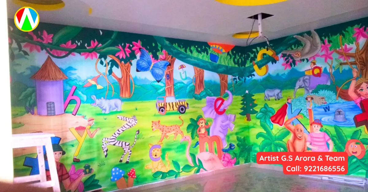 Detailed play school wall painting with animals