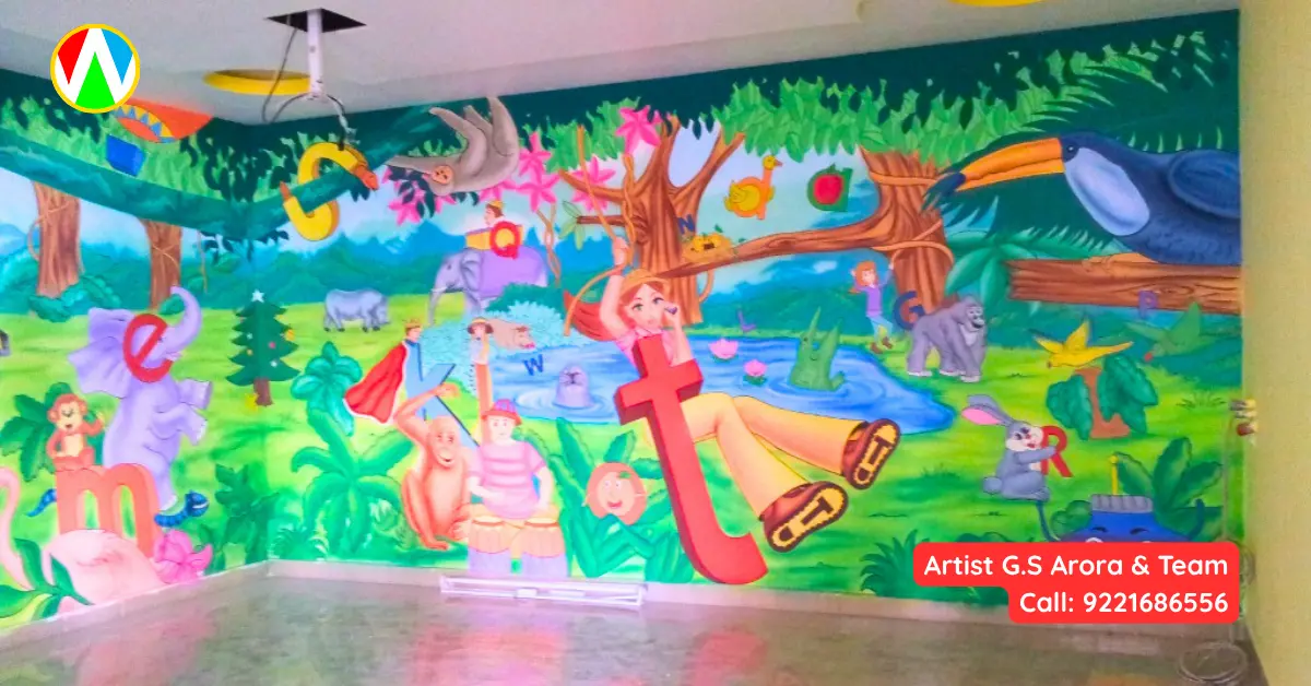 Amazing play school wall painting by Artist G.S. Arora featuring jungle animals