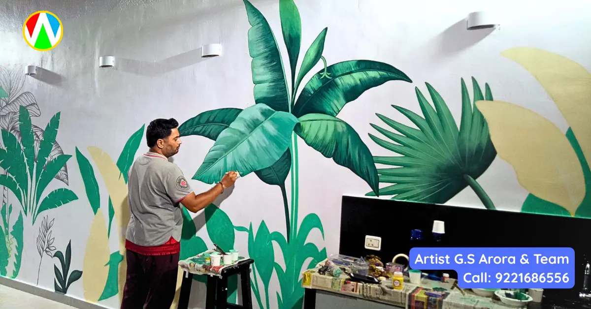 Massive green banana leaf mural detailing