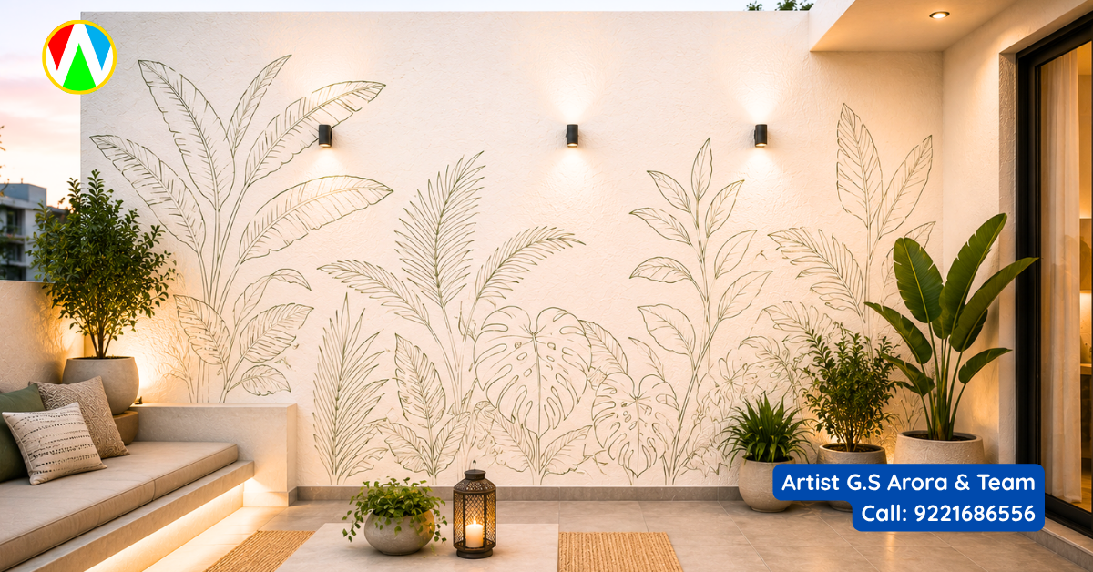 A modern minimalist terrace featuring a delicate, single-color botanical line art mural on a textured white wall.
