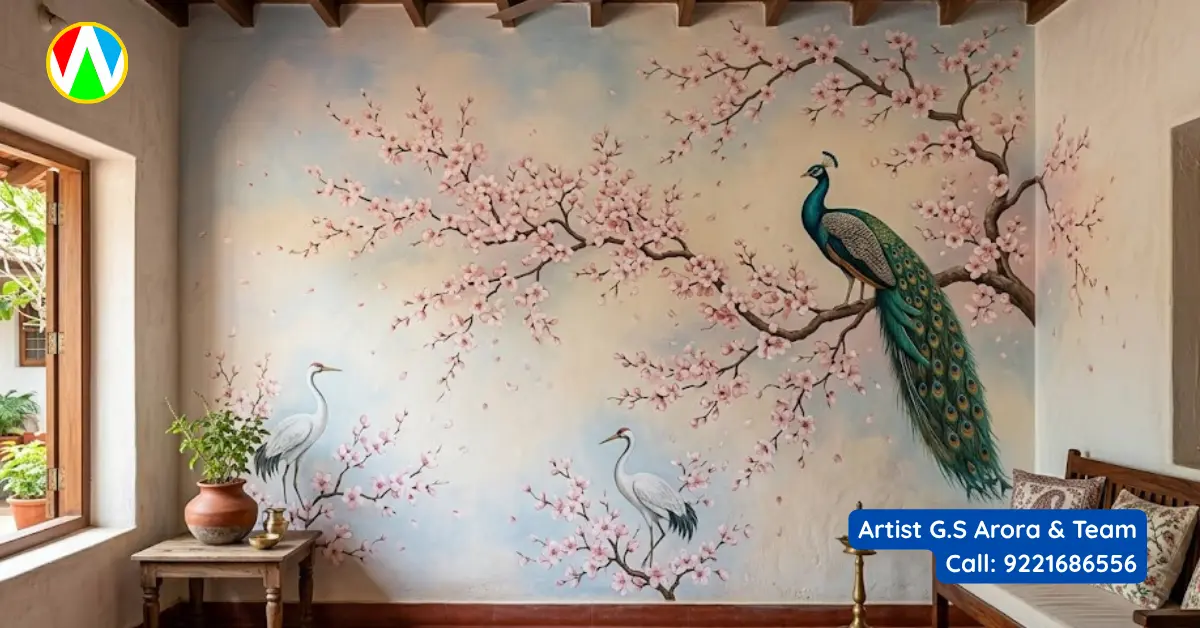 Classic Cherry Blossom and Peacock Mural