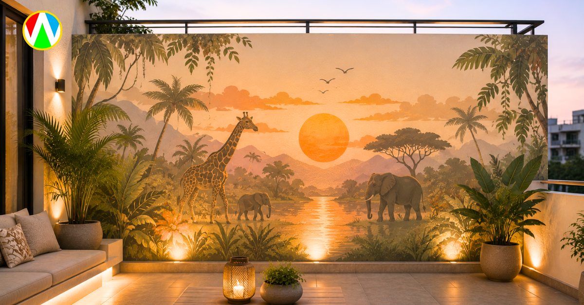 Tropical jungle mural on cozy terrace