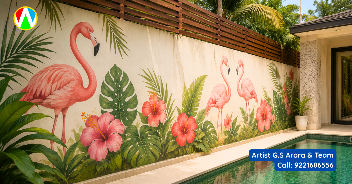 Tropical poolside flamingo mural